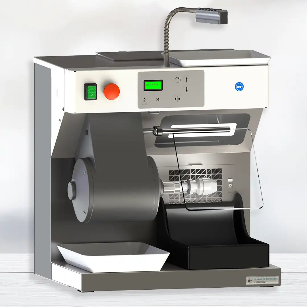 Einspindelige Poliermaschine Feinwerk one plus mit Edelstahl-Arbeitsbereich und integrierter Absaugung