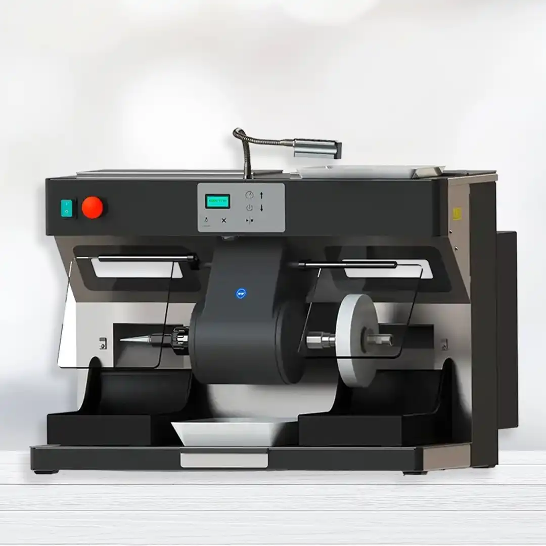 Zweispindelige Edelstahl-Poliermaschine Feinwerk two plus mit Absaugung und flexiblem Einsatzbereich